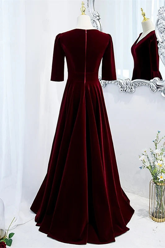 Formal Wear Dresses Burgundy Velvet A-line V Neck Long Evening Dress Short Sleeves Prom Dress Stores With Prom Dresses